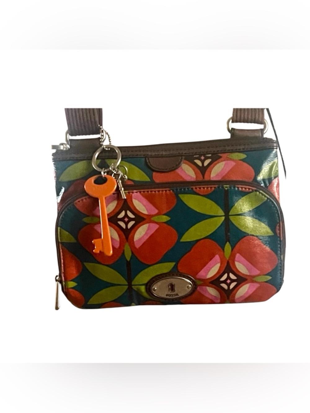 Fossil Key - Per Vibrant Floral Geometric pattern Crossbody Coated Canvas Purse